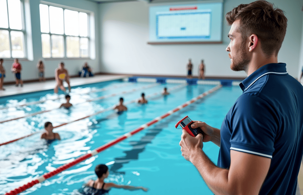 A busy, modern indoor swimming pool features a bright glass enclosure and eight lanes, each measuring 25 meters in length. All with turbo-lane ropes deployed. Age group swimmers, young elite athletes in sharp sports swimming costumes, are racing the lengths of the pool. On the side, a clean-shaven, young, well-built, broad-shouldered, former competitive male swim coach, dressed in sports shorts and a polo top, holds a whistle and a stopwatch while offering directions and support from in front of a large whiteboard on the wall that displays a detailed session plan.