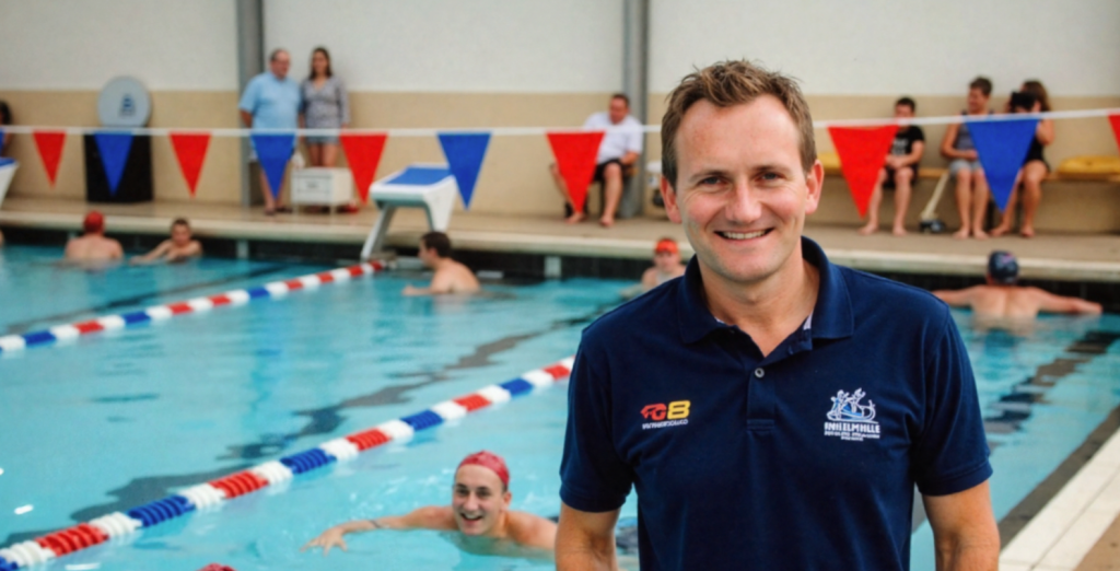 An AI generated swim coach (the author) stands by the side of a busy swimming pool.